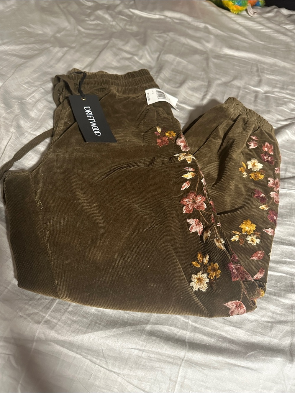 DRIFTWOOD Olive Corduroy Joggers with Floral Embroidery